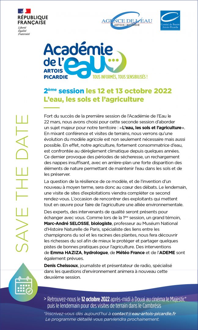 Save the date Académie de l'eau Artois-Picardie 12 octobre 2022